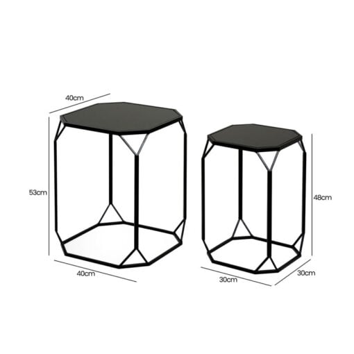 Set Of 2 Industrial Black Metal Nesting Side Tables With Black Mirrored Tops