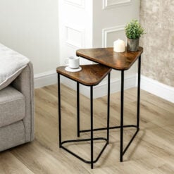 Set Of 2 Industrial Black Metal Nesting Side Tables With Brown Wood Tops