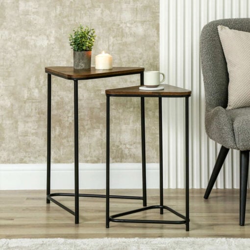 Set Of 2 Industrial Black Metal Nesting Side Tables With Brown Wood Tops