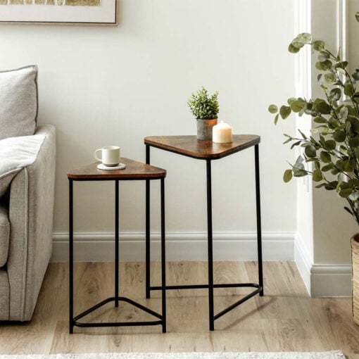 Set Of 2 Industrial Black Metal Nesting Side Tables With Brown Wood Tops