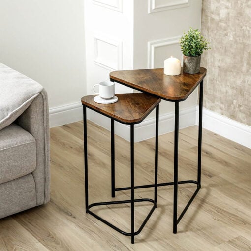Set Of 2 Industrial Black Metal Nesting Side Tables With Brown Wood Tops