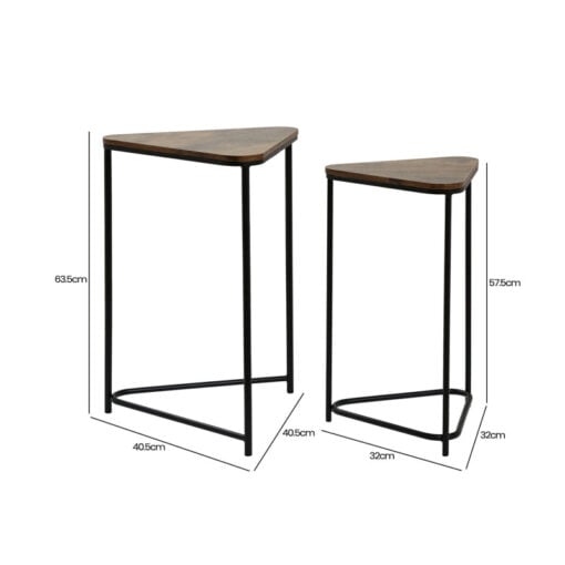 Set Of 2 Industrial Black Metal Nesting Side Tables With Brown Wood Tops