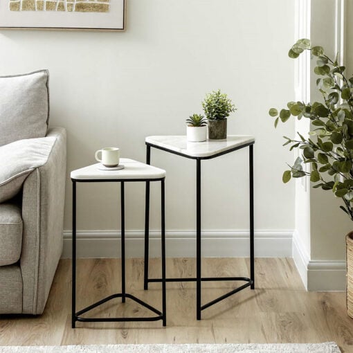 Set Of 2 Industrial Black Metal Nesting Side Tables With White Marble Tops