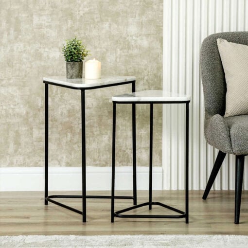 Set Of 2 Industrial Black Metal Nesting Side Tables With White Marble Tops