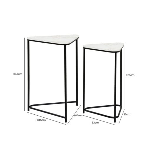 Set Of 2 Industrial Black Metal Nesting Side Tables With White Marble Tops
