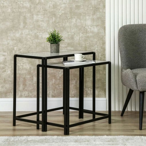 Set Of 2 Industrial Black Metal Nesting Side Tables With White Marble Tops