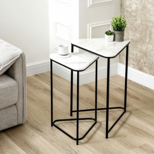 Set Of 2 Industrial Black Metal Nesting Side Tables With White Marble Tops