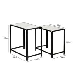Set Of 2 Industrial Black Metal Nesting Side Tables With White Marble Tops