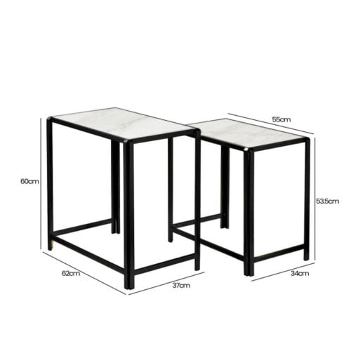 Set Of 2 Industrial Black Metal Nesting Side Tables With White Marble Tops