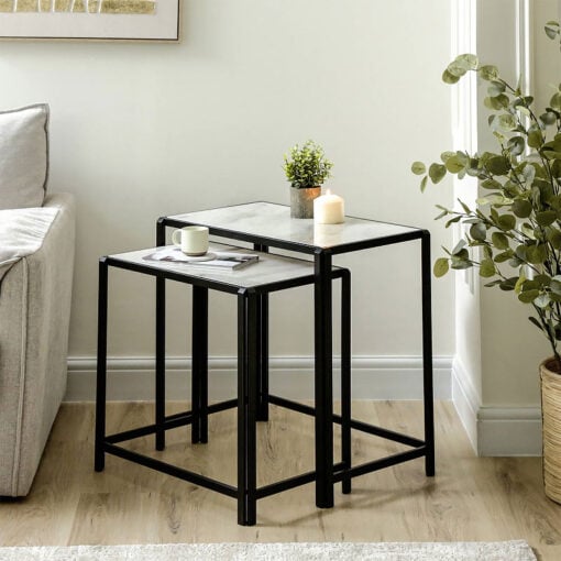 Set Of 2 Industrial Black Metal Nesting Side Tables With White Marble Tops
