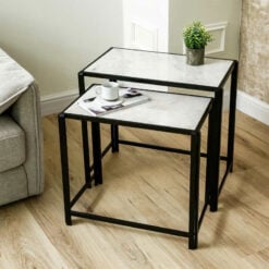 Set Of 2 Industrial Black Metal Nesting Side Tables With White Marble Tops