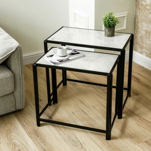 Set Of 2 Industrial Black Metal Nesting Side Tables With White Marble Tops