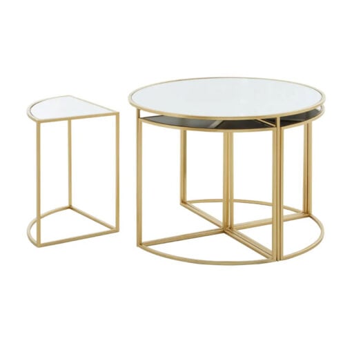 Set Of Gold Metal 4 Nesting Side Tables And 1 Coffee Table With Mirrored Tops