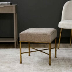 Taupe Linen And Antique Gold Metal Small Ottoman Stool Footstool