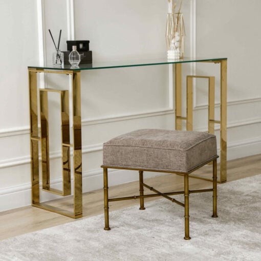 Taupe Linen And Antique Gold Metal Small Ottoman Stool Footstool