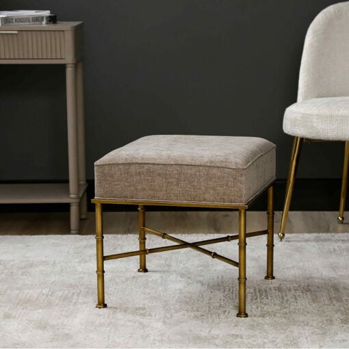 Taupe Linen And Antique Gold Metal Small Ottoman Stool Footstool