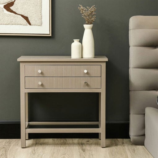 Taupe Solid Pine Wood 2 Drawer 1 Glass Shelf Large Bedside Cabinet