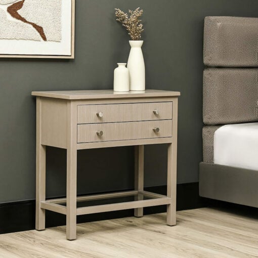 Taupe Solid Pine Wood 2 Drawer 1 Glass Shelf Large Bedside Cabinet