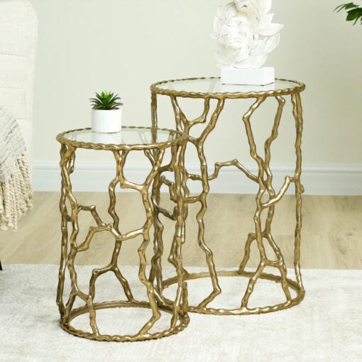 Twig Design Gold Metal And Glass Set Of 2 Nesting Side Tables