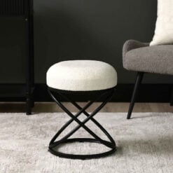 Ulric White Boucle Fabric And Black Metal Stool Footstool 46cm