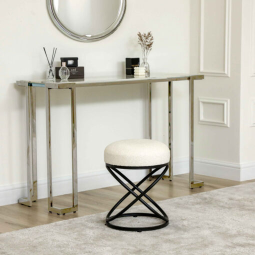 Ulric White Boucle Fabric And Black Metal Stool Footstool 46cm