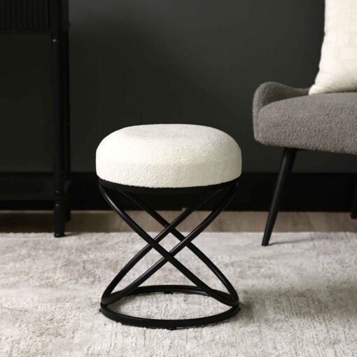 Ulric White Boucle Fabric And Black Metal Stool Footstool 46cm