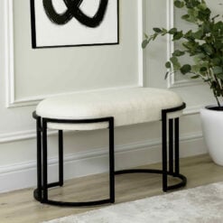White Boucle Fabric And Black Metal Vanity Bedroom Hallway Bench Ottoman 80cm