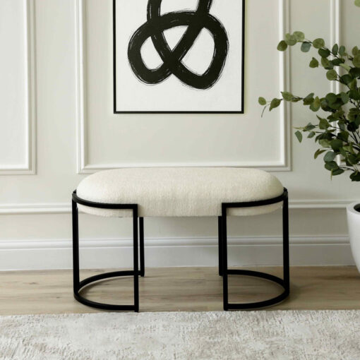 White Boucle Fabric And Black Metal Vanity Bedroom Hallway Bench Ottoman 80cm