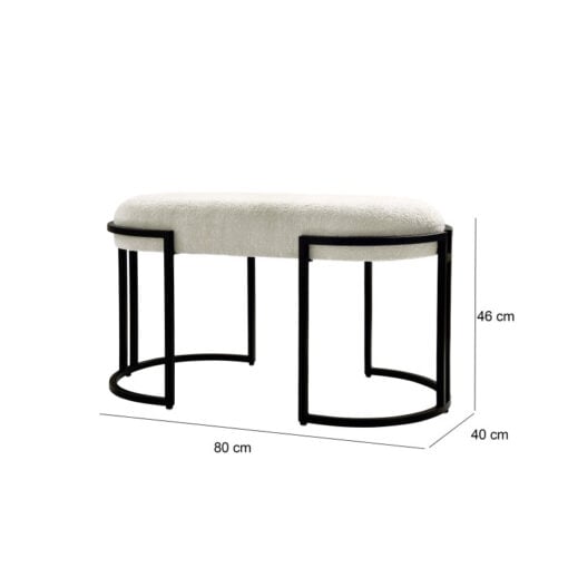 White Boucle Fabric And Black Metal Vanity Bedroom Hallway Bench Ottoman 80cm