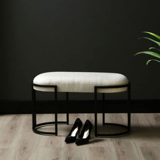 White Boucle Fabric And Black Metal Vanity Bedroom Hallway Bench Ottoman 80cm