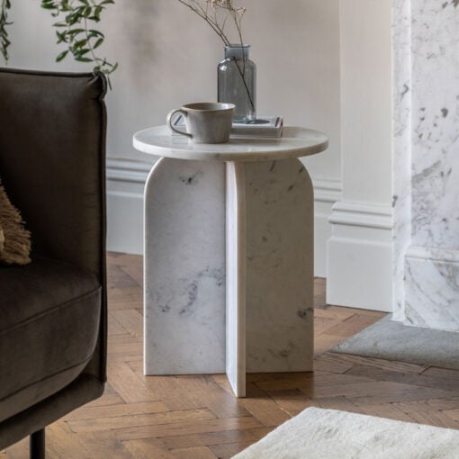 White Solid Marble Arched Base Round Side Table End Table