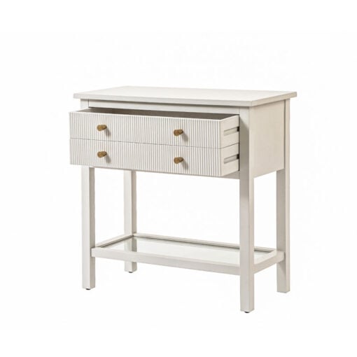 White Solid Pine Wood 2 Drawer 1 Glass Shelf Large Bedside Cabinet