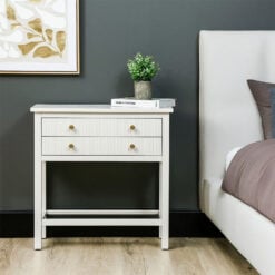 White Solid Pine Wood 2 Drawer 1 Glass Shelf Large Bedside Cabinet