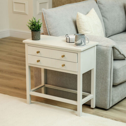 White Solid Pine Wood 2 Drawer 1 Glass Shelf Large Bedside Cabinet