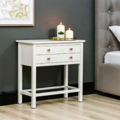 White Solid Pine Wood 2 Drawer 1 Glass Shelf Large Bedside Cabinet