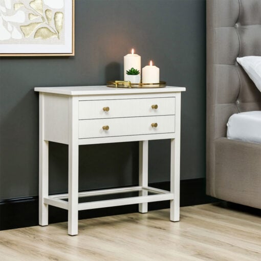 White Solid Pine Wood 2 Drawer 1 Glass Shelf Large Bedside Cabinet