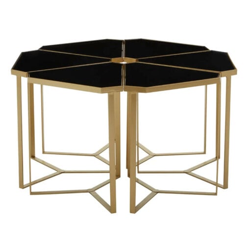 A Set Of 6 Gold Metal And Black Mirror Side Tables Forming A Large Coffee Table