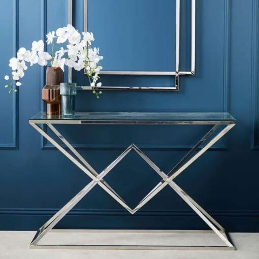 Art Deco Silver Chrome Metal And Glass Abstract Prismatic Console Table
