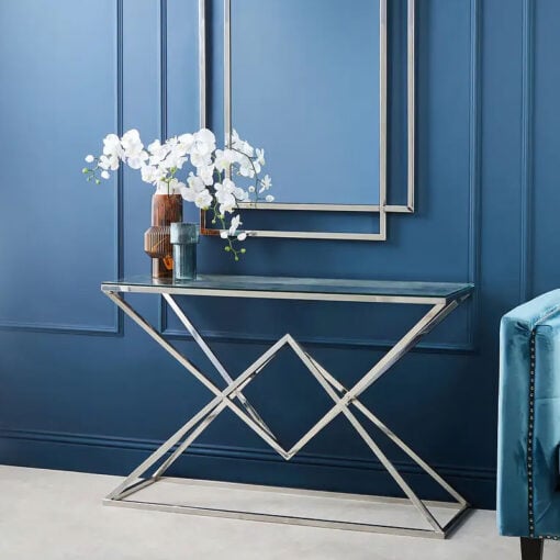 Art Deco Silver Chrome Metal And Glass Abstract Prismatic Console Table