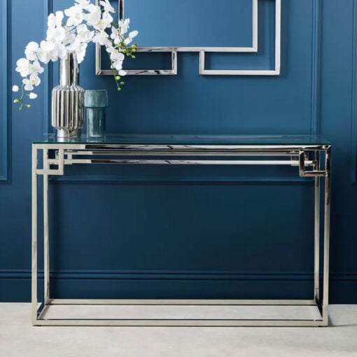 Art Deco Silver Chrome Metal And Glass Console Table