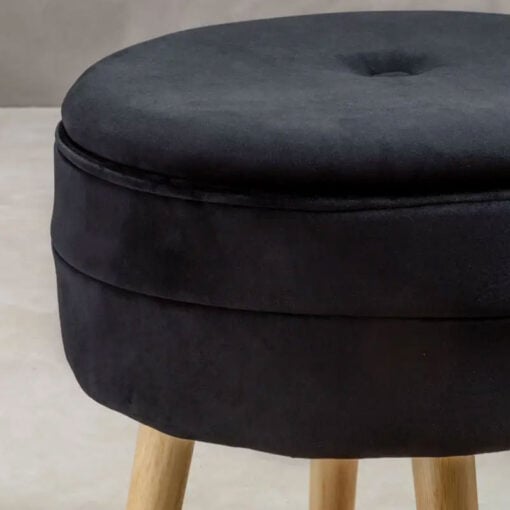 Black Velvet And Solid Natural Wood Storage Vanity Stool Footstool