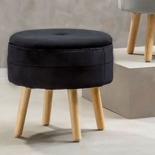 Black Velvet And Solid Natural Wood Storage Vanity Stool Footstool