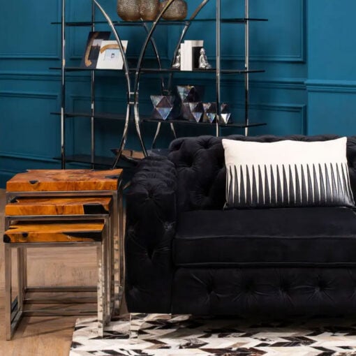 Black Velvet Tufted Buttoned Chesterfield 3 Seater Sofa With Silver Chrome Legs