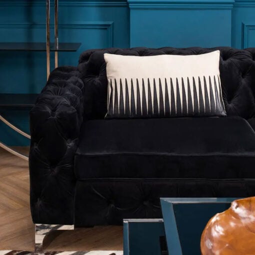 Black Velvet Tufted Buttoned Chesterfield 3 Seater Sofa With Silver Chrome Legs