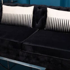 Black Velvet Tufted Buttoned Chesterfield 3 Seater Sofa With Silver Chrome Legs