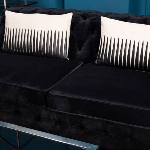 Black Velvet Tufted Buttoned Chesterfield 3 Seater Sofa With Silver Chrome Legs
