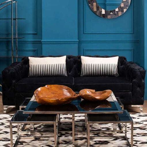 Black Velvet Tufted Buttoned Chesterfield 3 Seater Sofa With Silver Chrome Legs