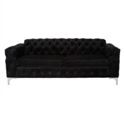 Black Velvet Tufted Buttoned Chesterfield 3 Seater Sofa With Silver Chrome Legs