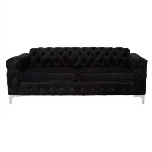 Black Velvet Tufted Buttoned Chesterfield 3 Seater Sofa With Silver Chrome Legs