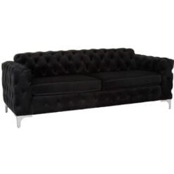 Black Velvet Tufted Buttoned Chesterfield 3 Seater Sofa With Silver Chrome Legs